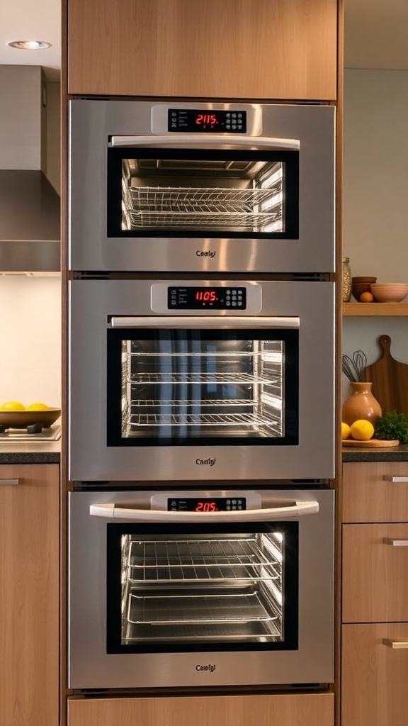 A modern kitchen with three stainless steel ovens in a row, surrounded by a well-organized countertop.